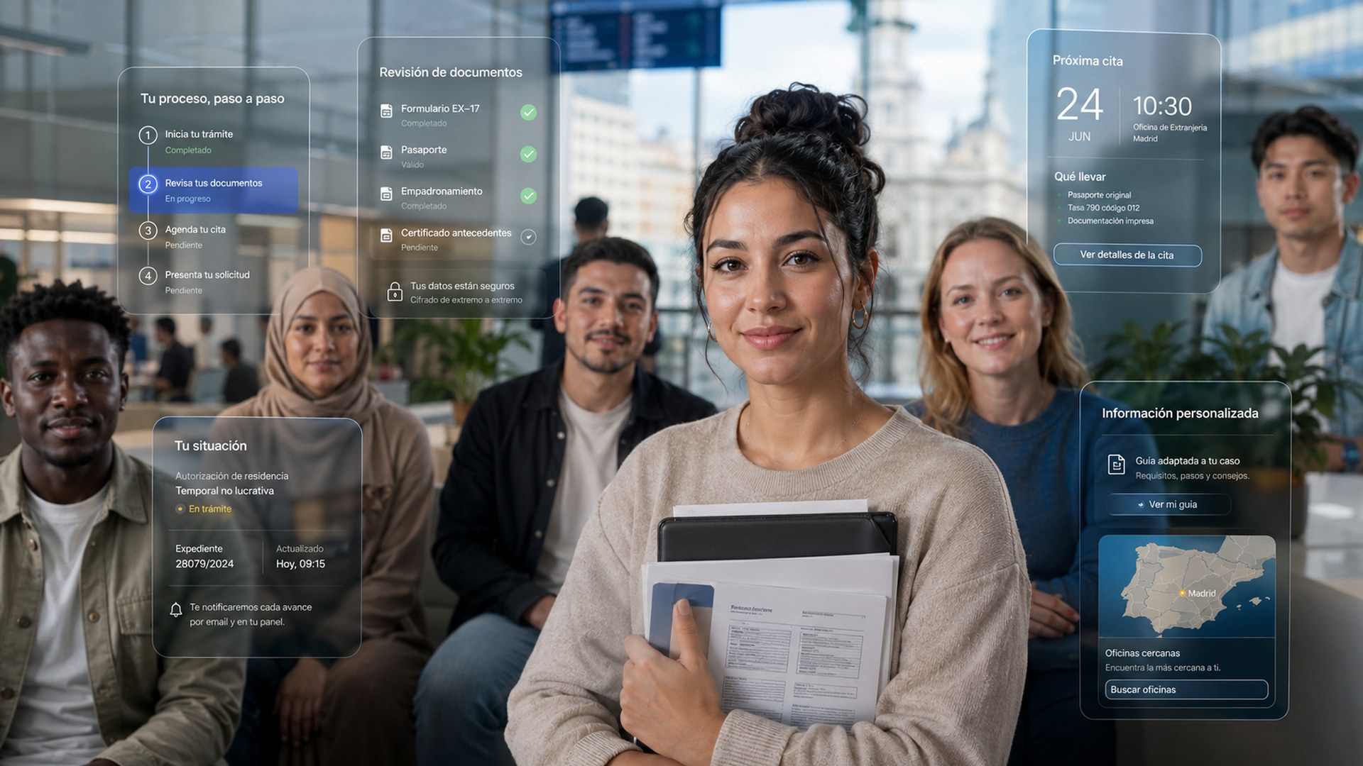 Personas de diferentes países preparando documentos de extranjería con una plataforma digital