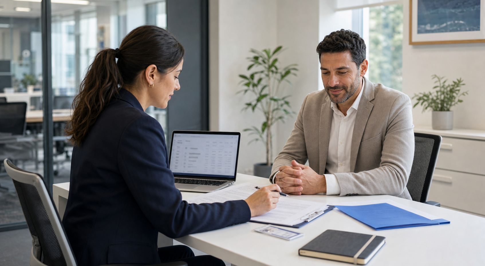 Profesionales verificados comparando solicitudes en una oficina moderna