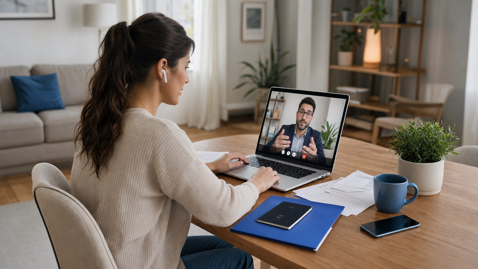 Profesional verificado atendiendo una consulta online desde su oficina